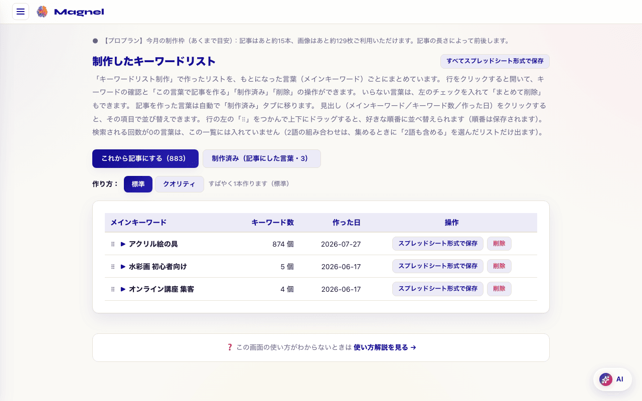 キーワードリスト制作の画面 3
